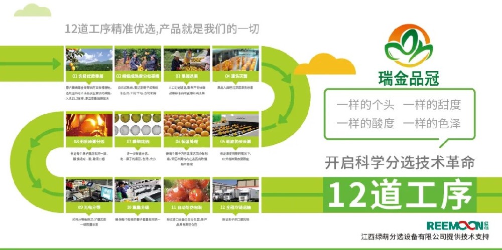 綠萌分選 讓您的水果好吃看得見 2020年11月27日，由瑞金市品冠農(nóng)業(yè)發(fā)展有限公司承辦的2020紅都品冠贛南臍橙以“綠水青山、紅色傳橙”為主題的推介會在沈陽舉行。瑞金品冠圍繞“紅色傳橙、綠色情懷、生態(tài)共建、品牌強(qiáng)農(nóng)”的理念，堅(jiān)持要把優(yōu)質(zhì)贛南臍橙推介給東北人民，為此，瑞金品冠挑選優(yōu)質(zhì)臍橙果園基地